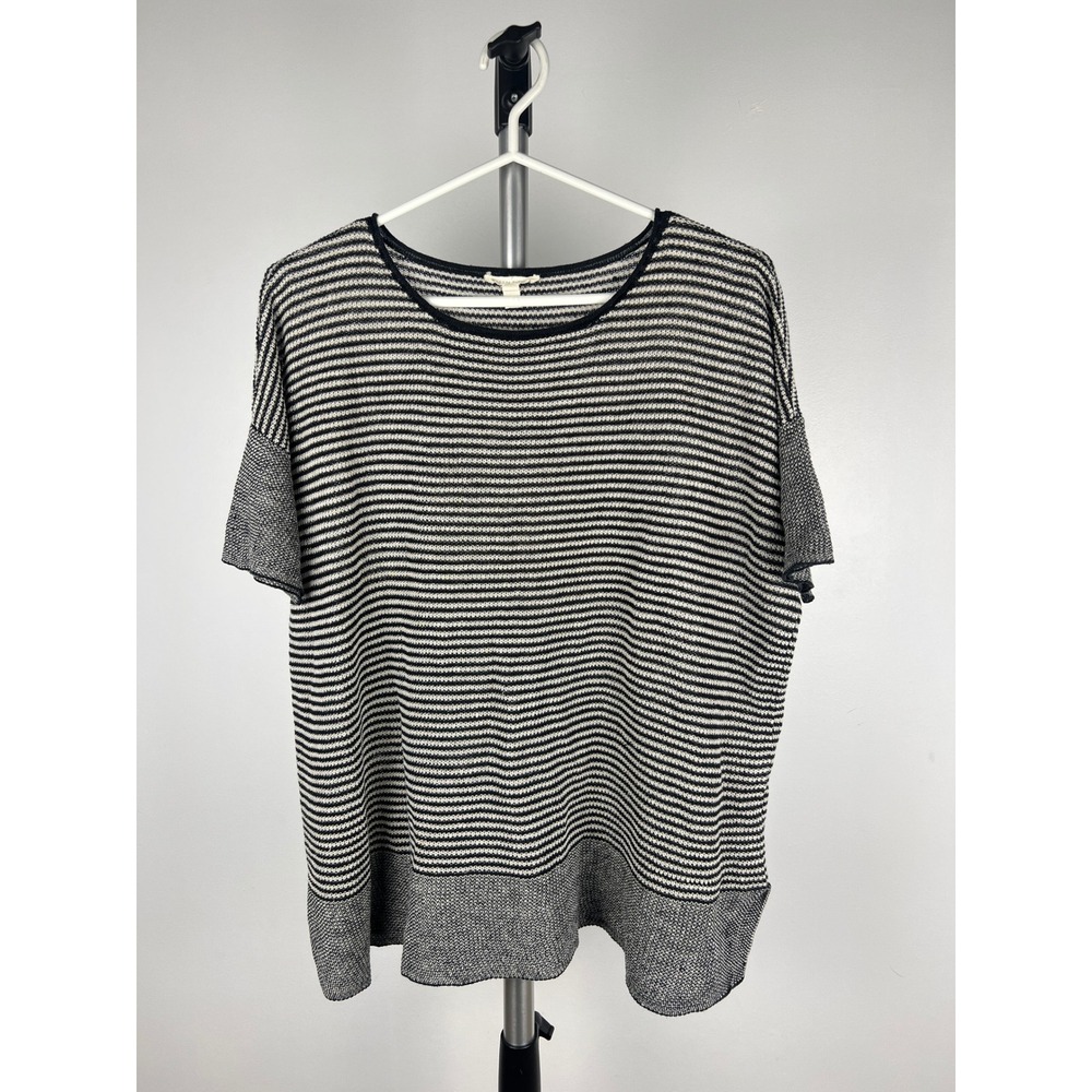 Eileen‎ Fisher Organic Linen Striped Short Sleeve Sweater Top Black White Large